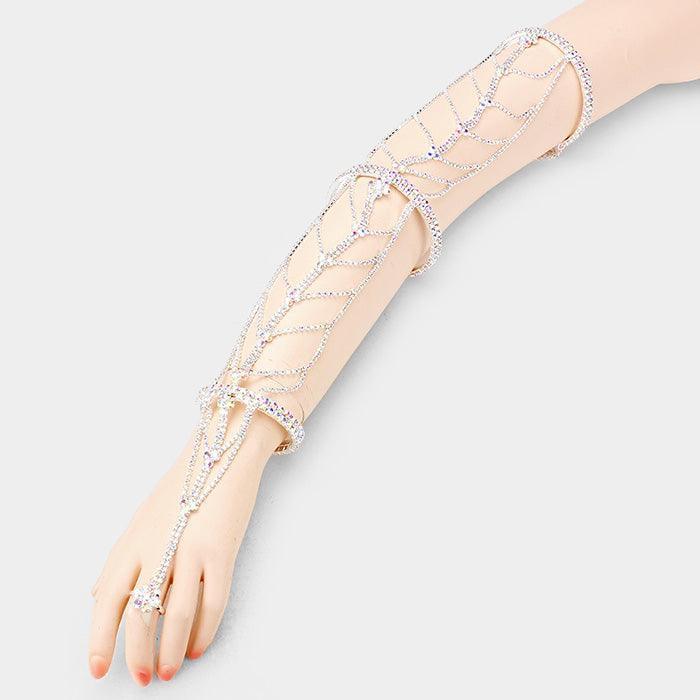 Silver Wide Crystal Rhinestone Pave Leaf Hand Chain Evening Bracelet - Jewelry Store by Erik Rayo
