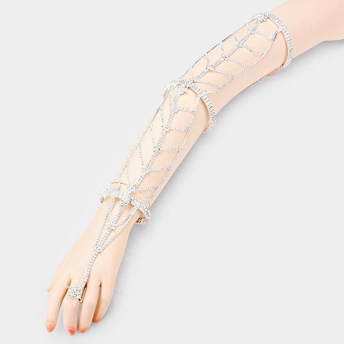 Silver Wide Crystal Rhinestone Pave Leaf Hand Chain Evening Bracelet - Jewelry Store by Erik Rayo