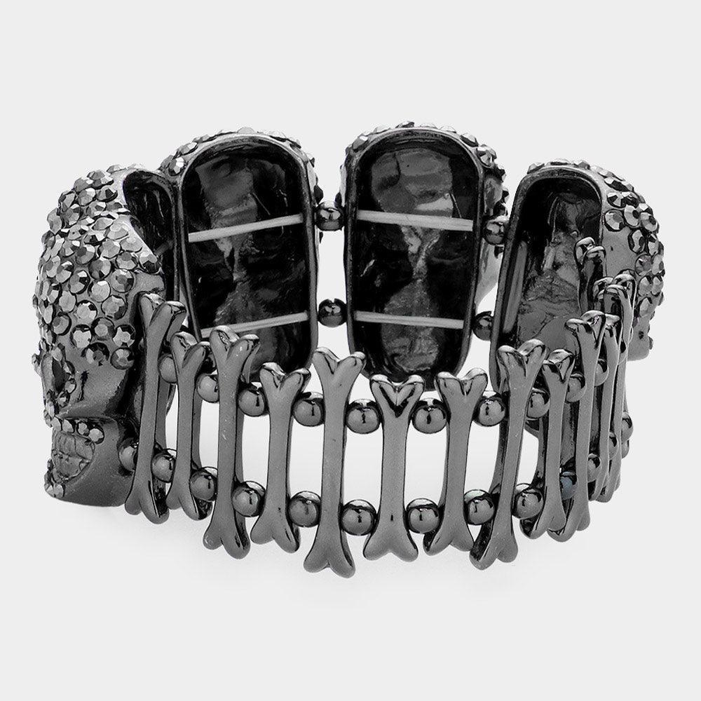Rhinestone Embellished Skull Metal Bone Stretch Evening Bracelet - Jewelry Store by Erik Rayo