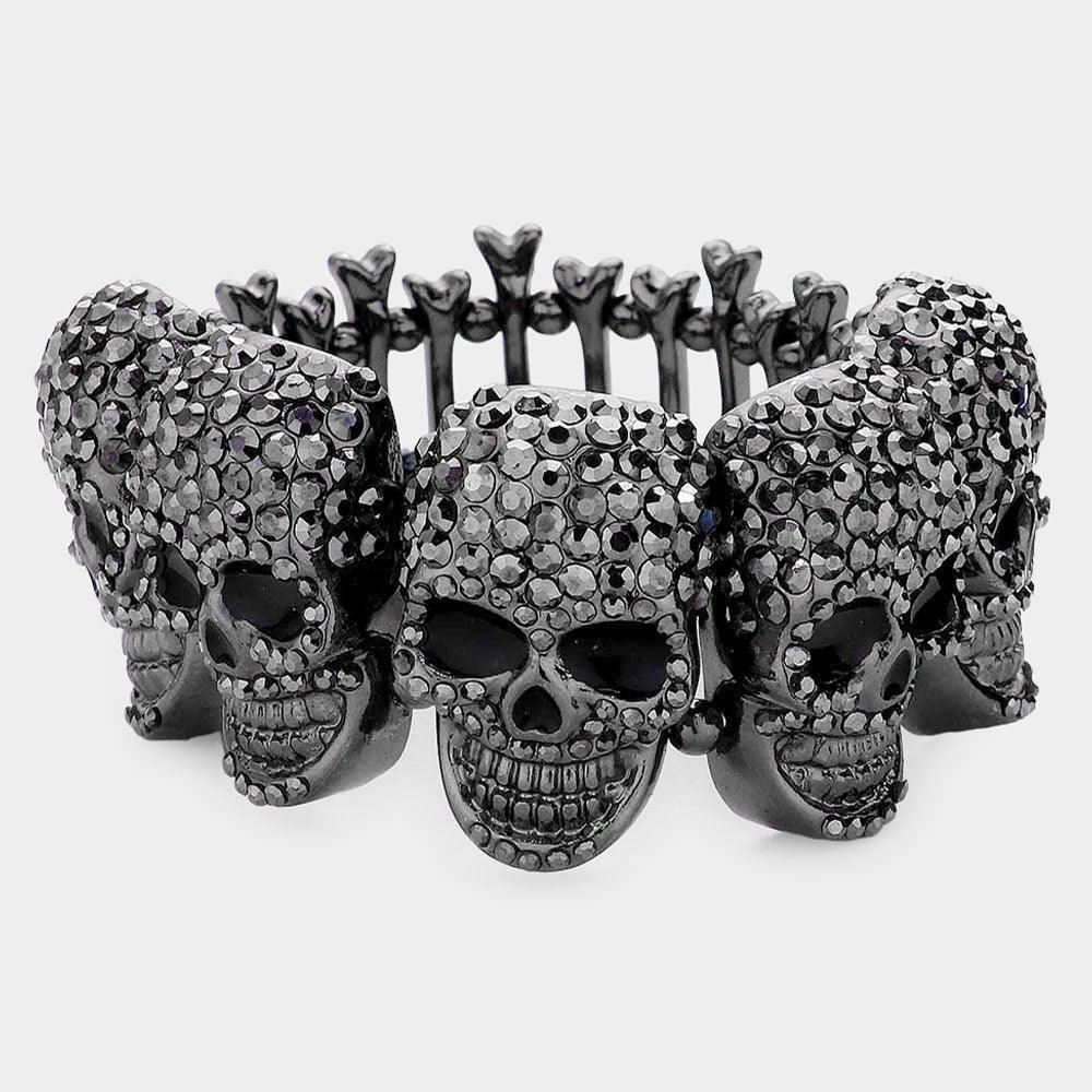 Rhinestone Embellished Skull Metal Bone Stretch Evening Bracelet - Jewelry Store by Erik Rayo