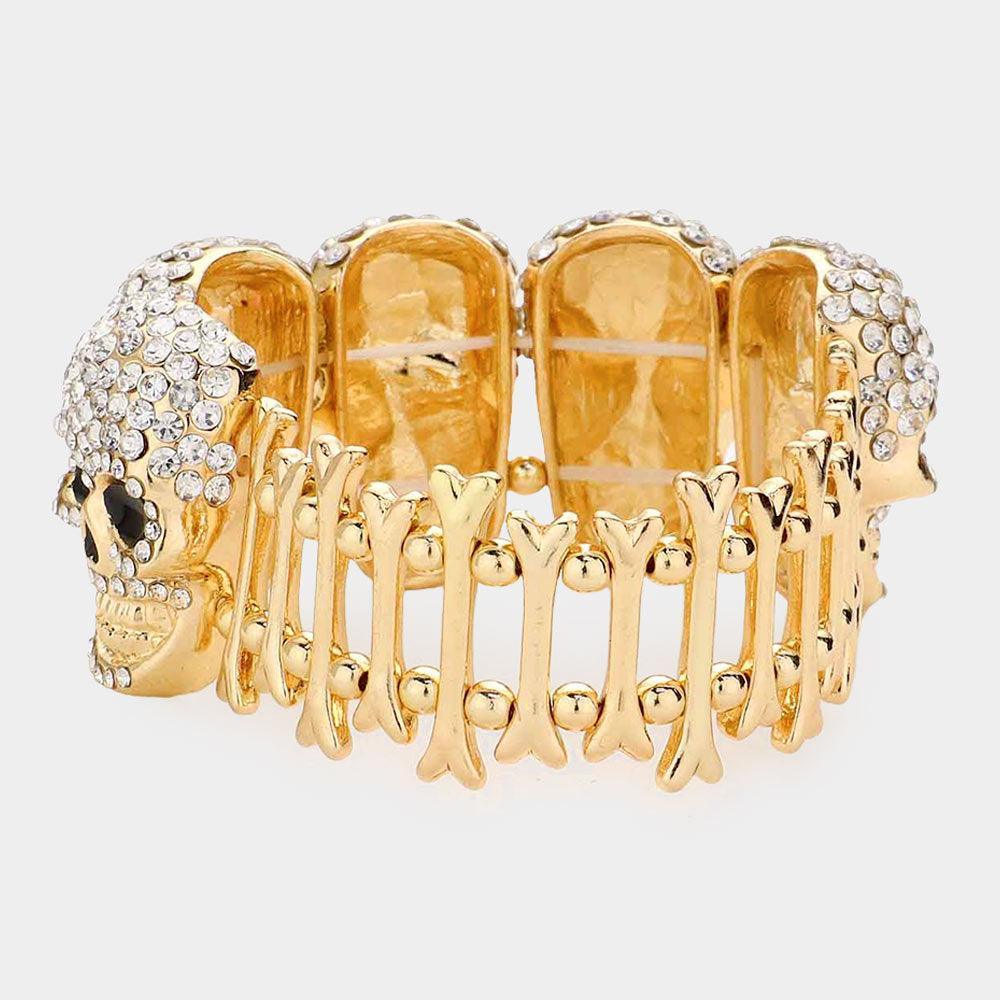 Gold Rhinestone Embellished Skull Metal Bone Stretch Evening Bracelet - Jewelry Store by Erik Rayo