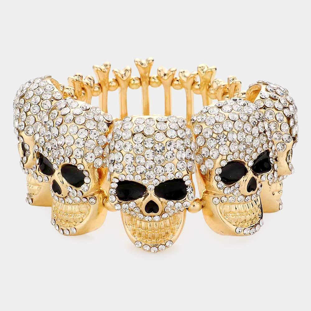 Gold Rhinestone Embellished Skull Metal Bone Stretch Evening Bracelet - Jewelry Store by Erik Rayo