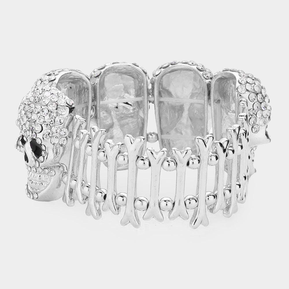 Silver Rhinestone Embellished Skull Metal Bone Stretch Evening Bracelet - Jewelry Store by Erik Rayo