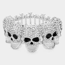 Load image into Gallery viewer, Silver Rhinestone Embellished Skull Metal Bone Stretch Evening Bracelet
