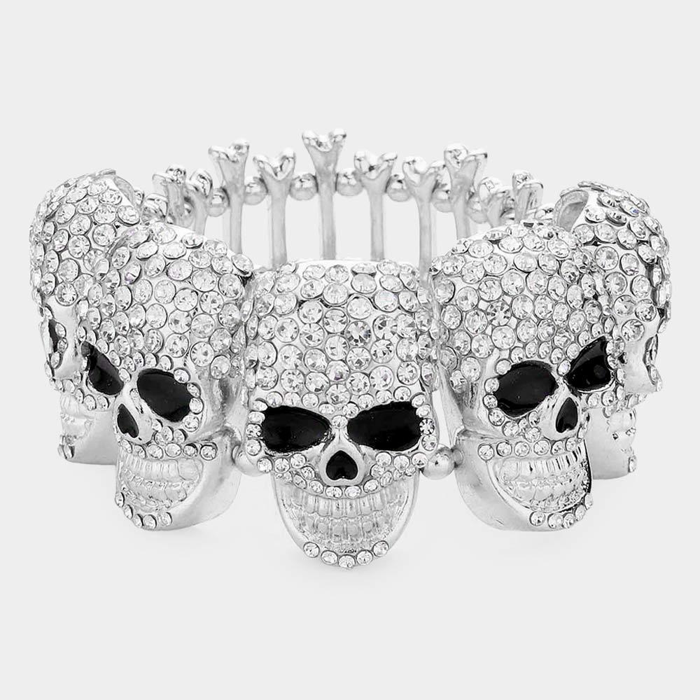 Silver Rhinestone Embellished Skull Metal Bone Stretch Evening Bracelet