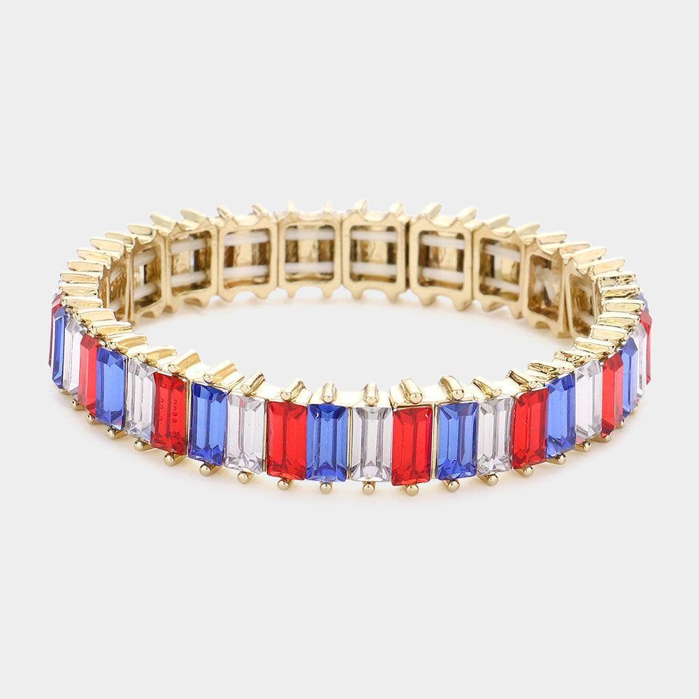 American USA Flag Baguette Stone Stretch Evening Bracelet - Jewelry Store by Erik Rayo