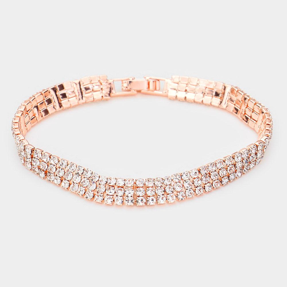 Rose Gold 3Rows Rhinestone Evening Bracelet