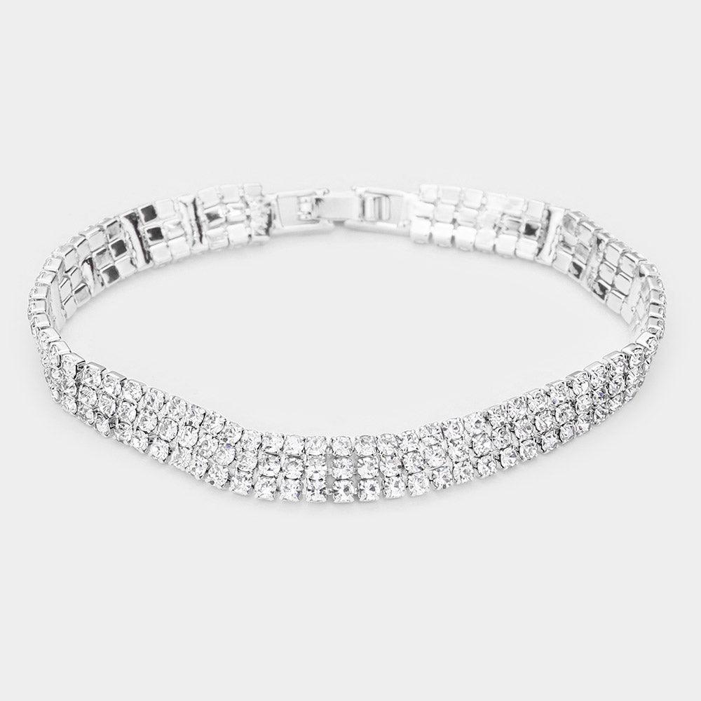 Silver 3Rows Rhinestone Evening Bracelet