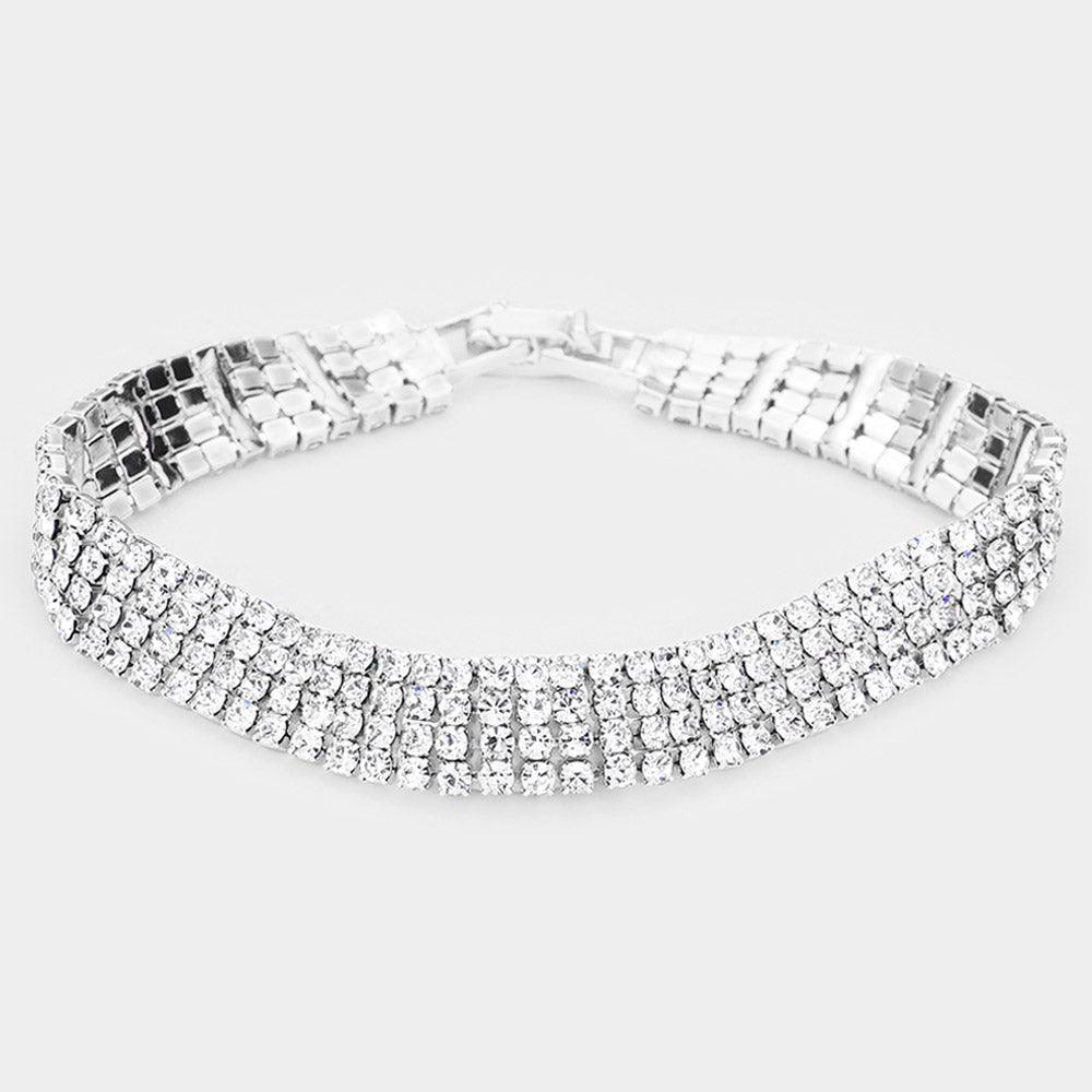 Silver 4Rows Rhinestone Evening Bracelet