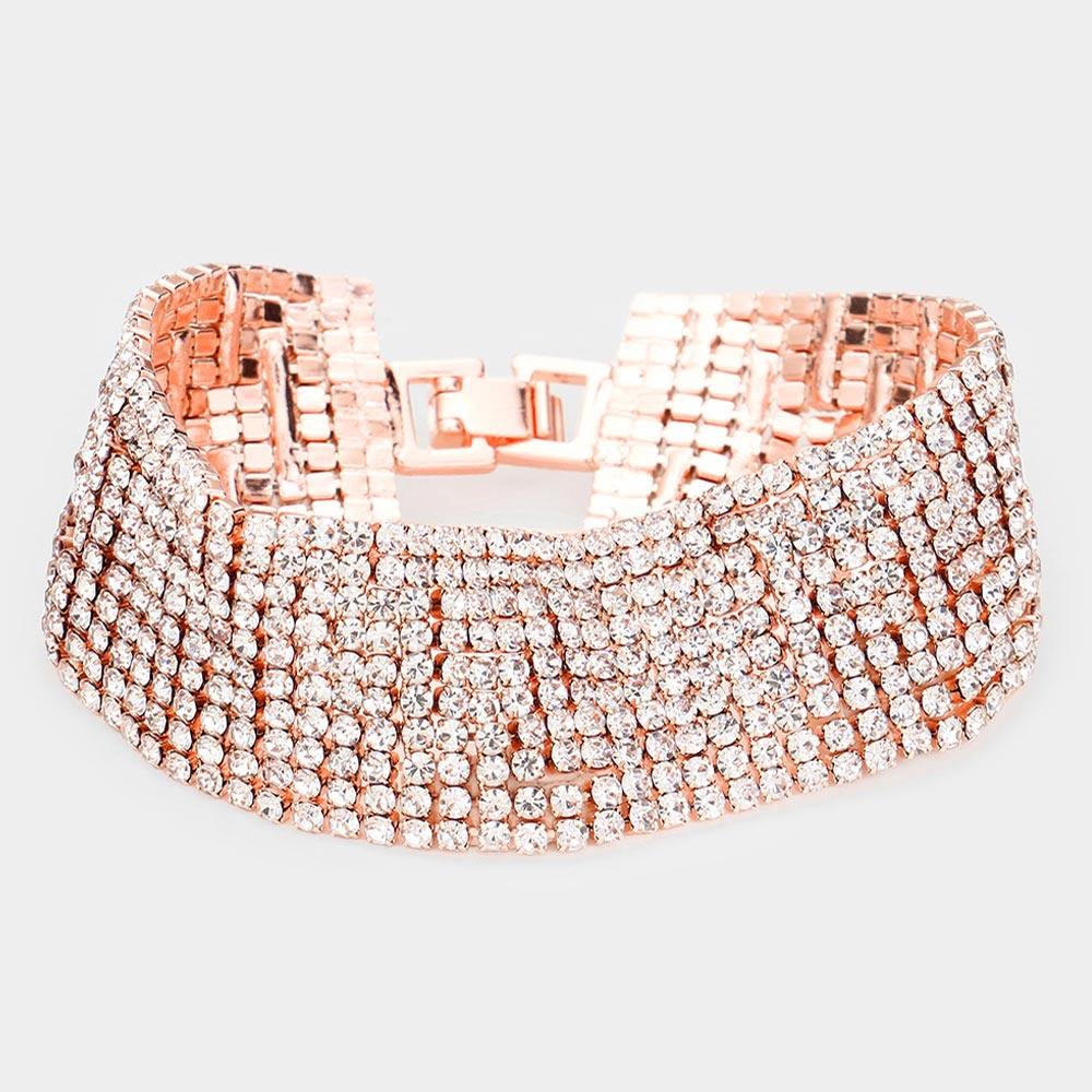 Rose Gold 10Rows Rhinestone Evening Bracelet