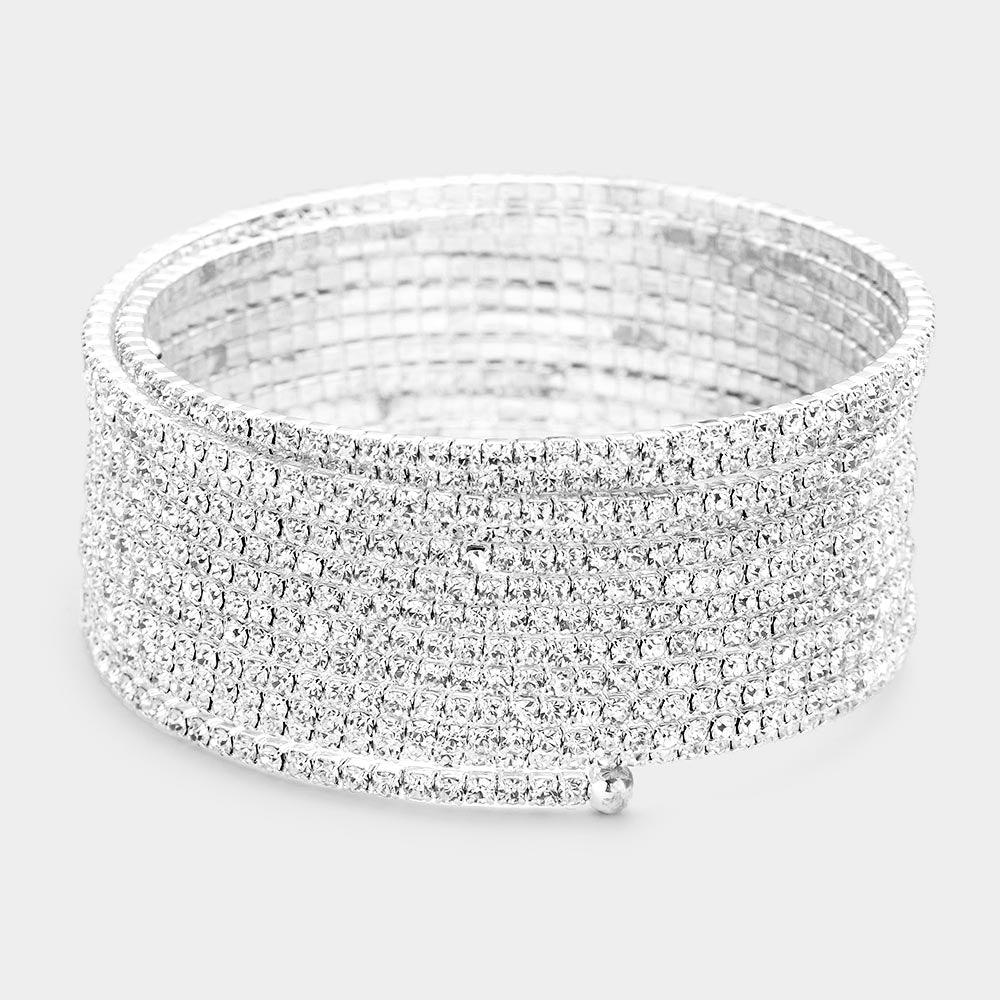 Silver 13Rows Rhinestone Coil Evening Bracelet