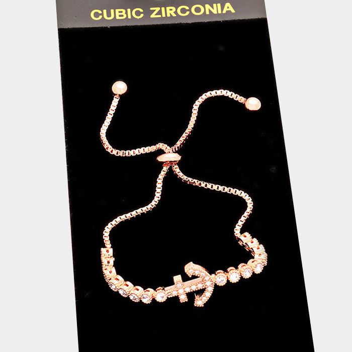 Rose Gold Crystal Cubic Zirconia CZ Anchor Cinch Bracelet