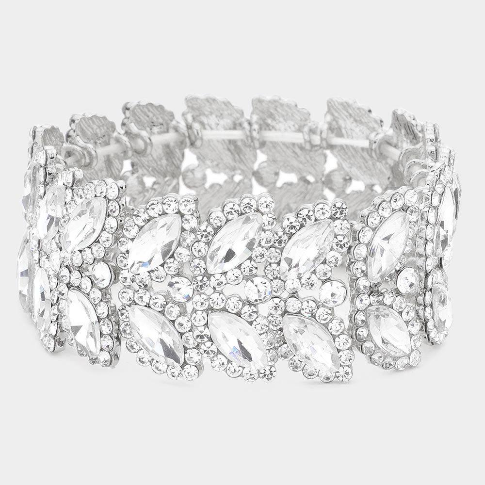 Silver Marquise Stone Embellished Stretch Evening Bracelet
