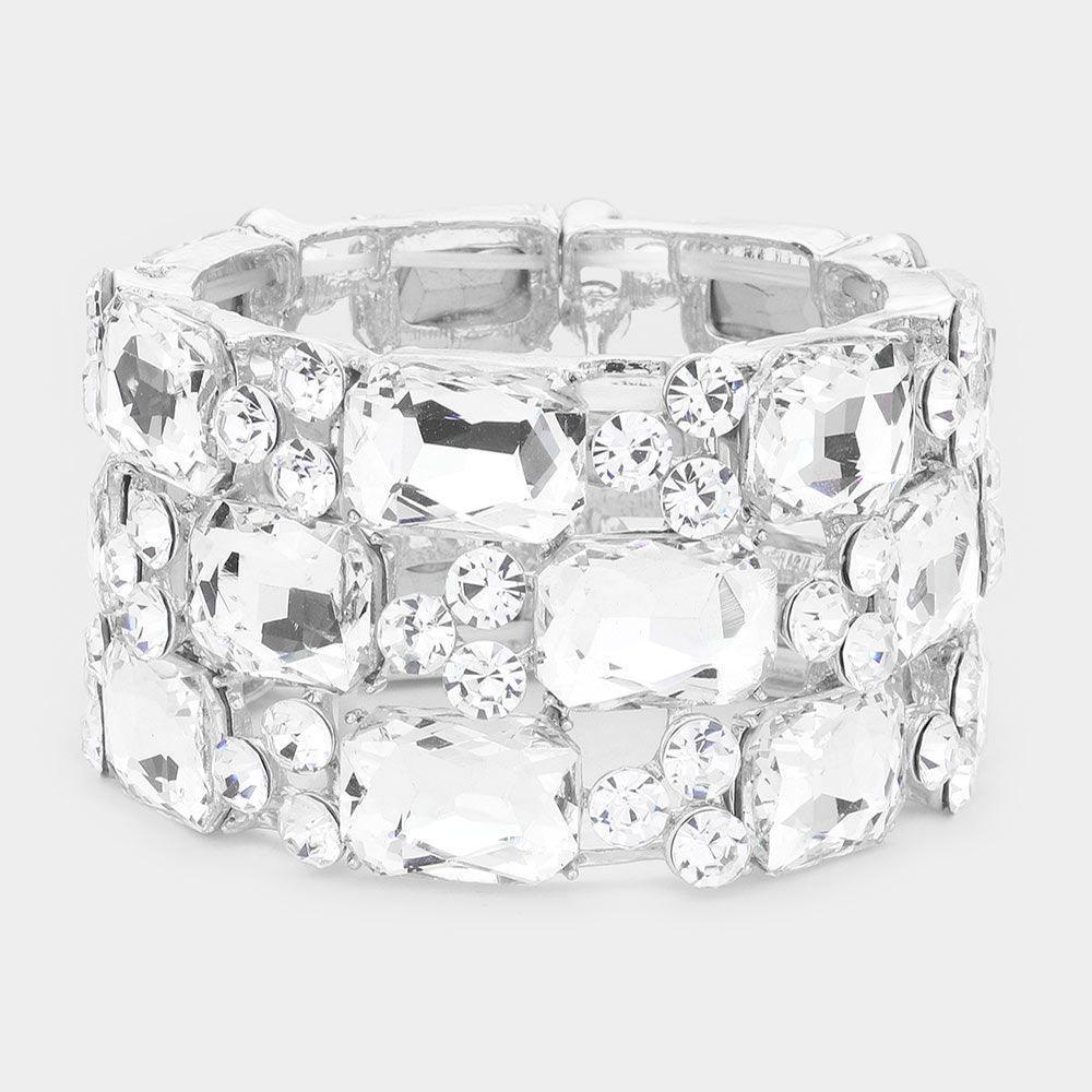 Silver Emerald cut crystal rhinestone stretch bracelet - Jewelry Store by Erik Rayo