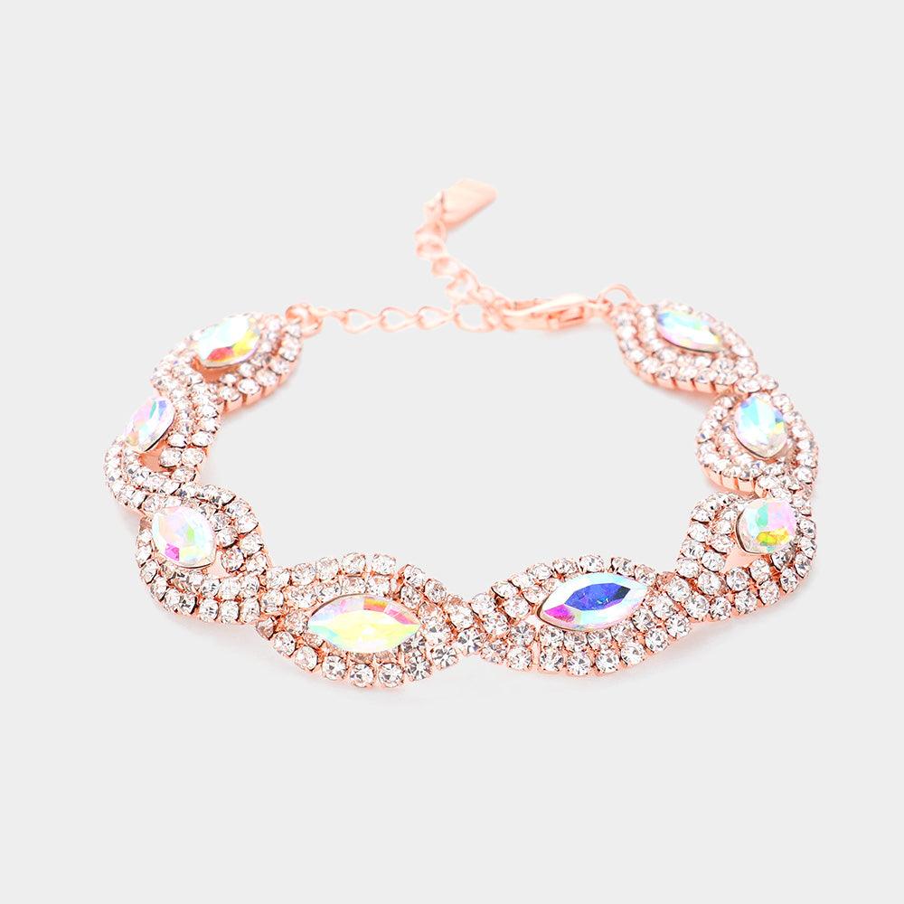 Rose Gold Crystal Rhinestone Oval Stone Accented Evening Bracelet