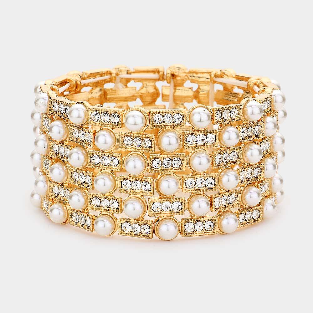 Gold Pearl Embellished Crystal Stretch Evening Bracelet