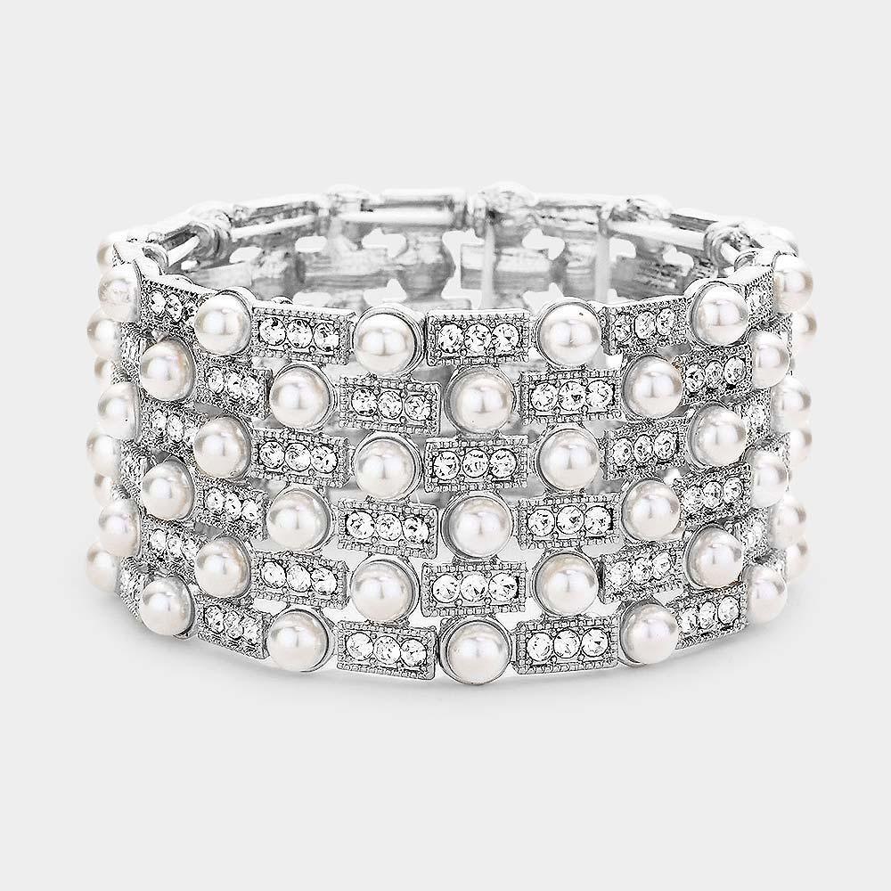 White Pearl Embellished Crystal Stretch Evening Bracelet - Jewelry Store by Erik Rayo