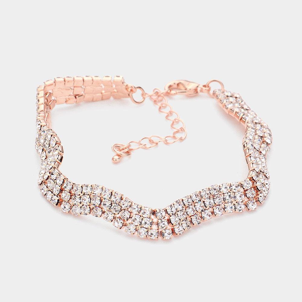 Rose Gold 3Rows Rhinestone Wavy Evening Bracelet