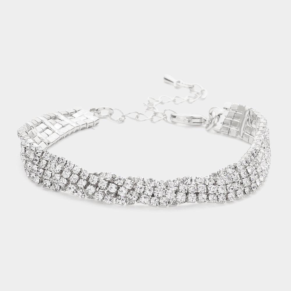 Silver Braided Rhinestone Pave Evening Bracelet