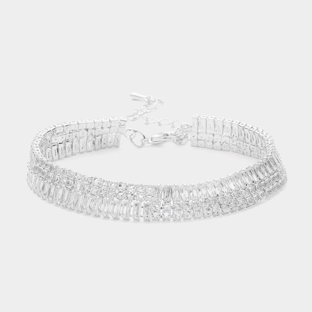 Silver CZ Baguette Rhinestone Embellished Evening Bracelet