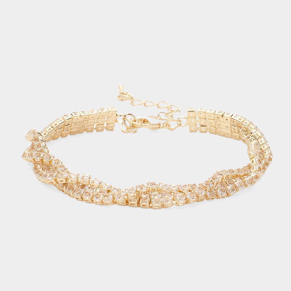 Gold CZ Rhinestone Paved Twisted Evening Bracelet - Jewelry Store by Erik Rayo