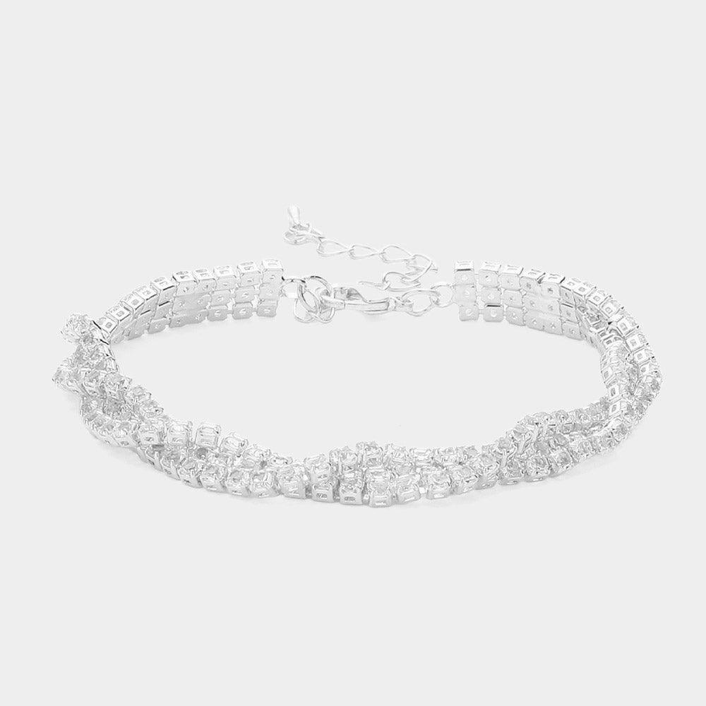 Silver CZ Rhinestone Paved Twisted Evening Bracelet