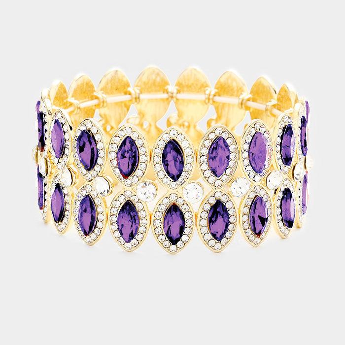 Amethyst Pave Trim Oval Crystal Evening Stretch Bracelet