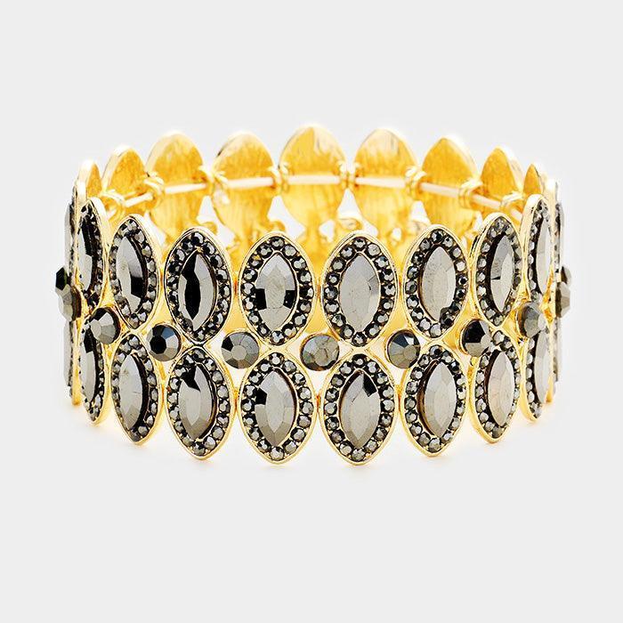 Hematite Pave Trim Oval Crystal Evening Stretch Bracelet - Jewelry Store by Erik Rayo