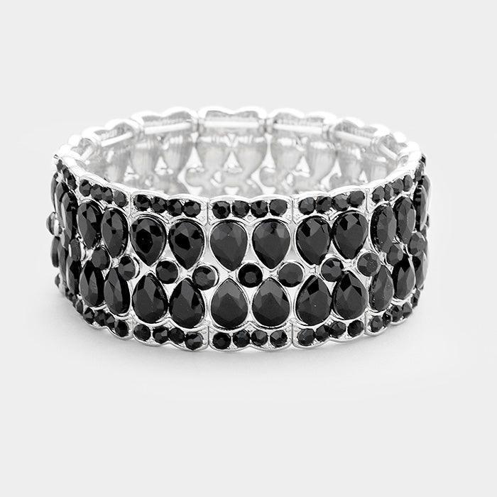 Silver Bubble Trim Crystal Teardrop Evening Stretch Bracelet