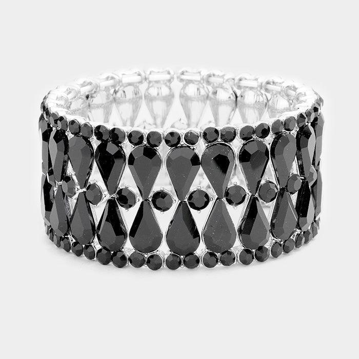 Silver Teardrop Glass Stone Cluster Evening Stretch Bracelet