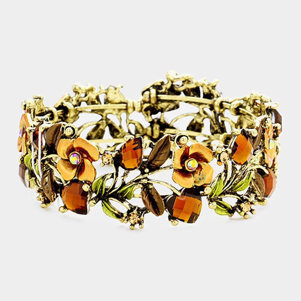 Brown Glass Crystal Metal Flower Leaf Evening Bracelet - Jewelry Store by Erik Rayo