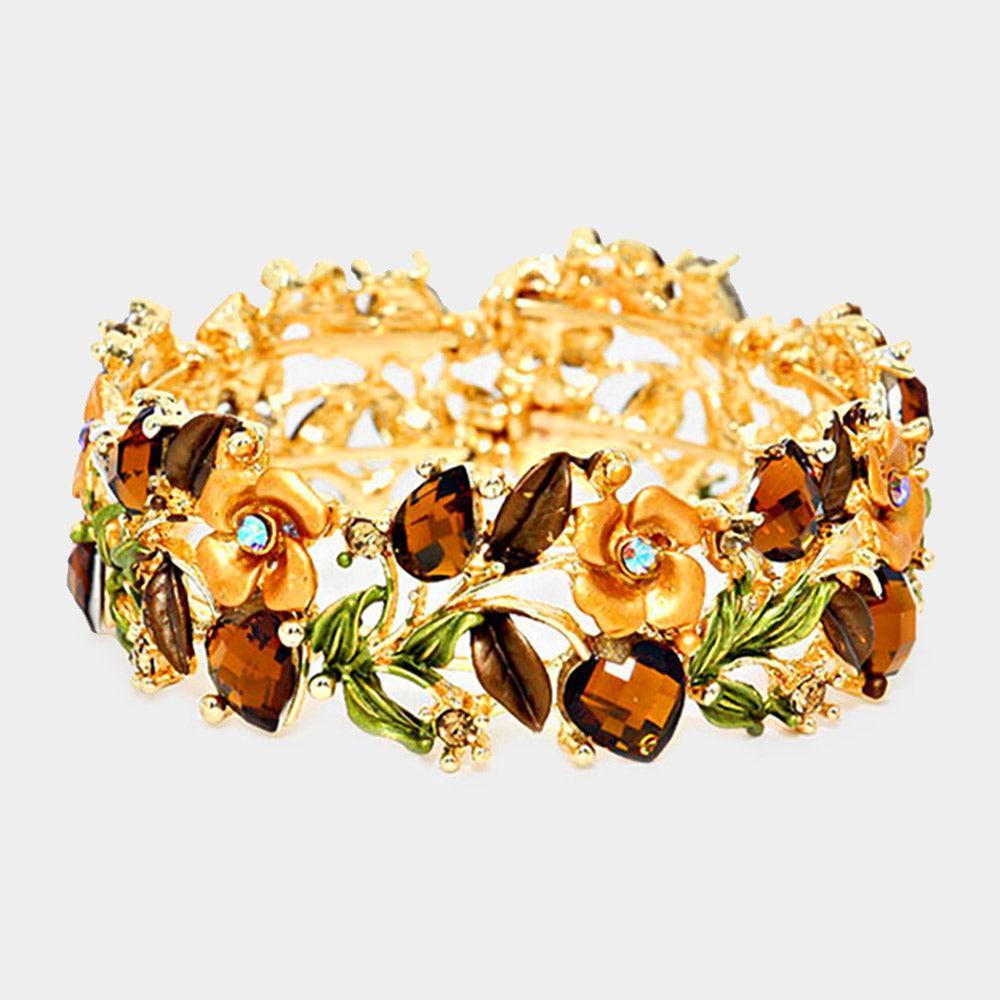 Brown Glass Crystal Metal Flower Leaf Evening Bracelet - Jewelry Store by Erik Rayo