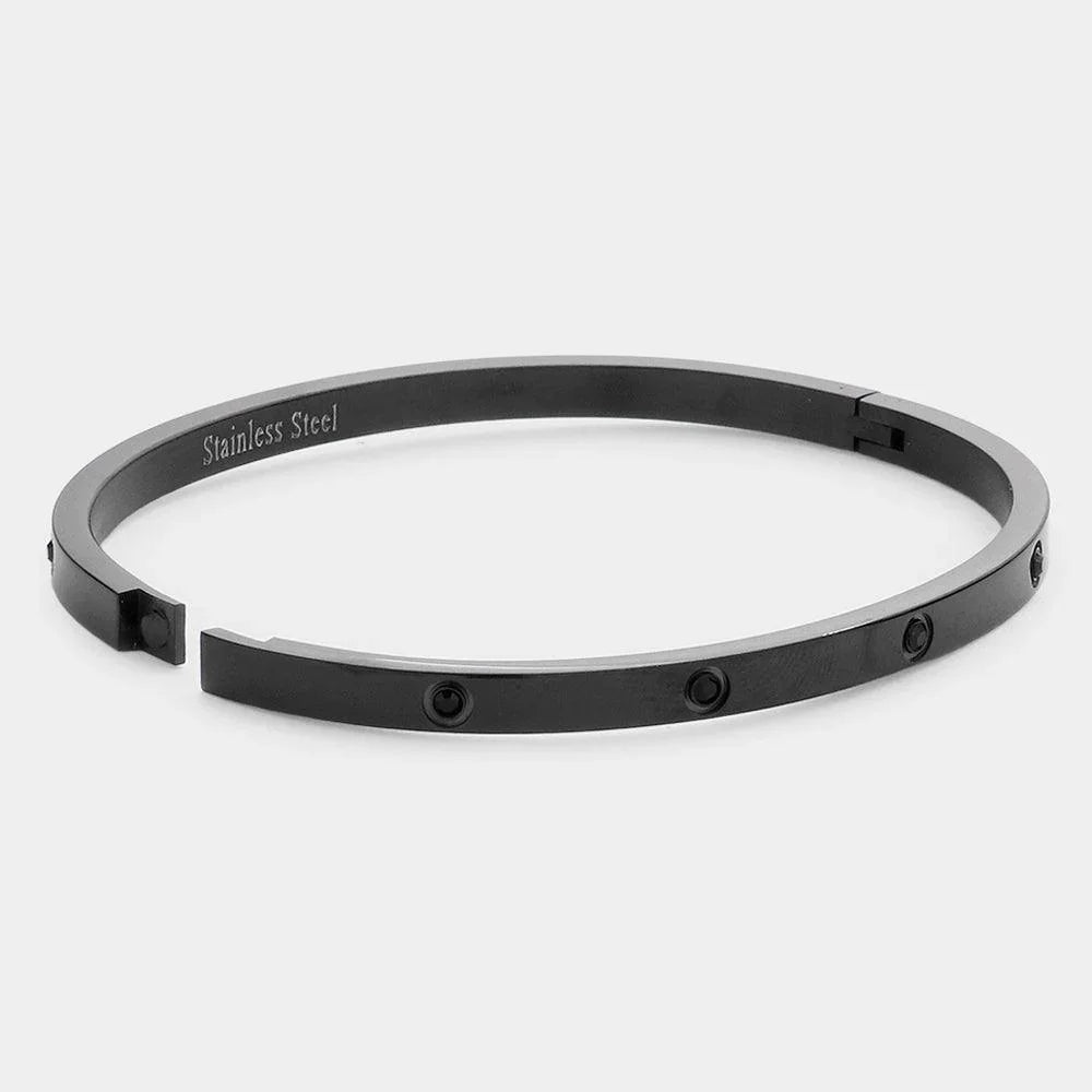 Black Crystal Embellished Stainless Steel Bangle Evening Bracelet - Jewelry Store by Erik Rayo