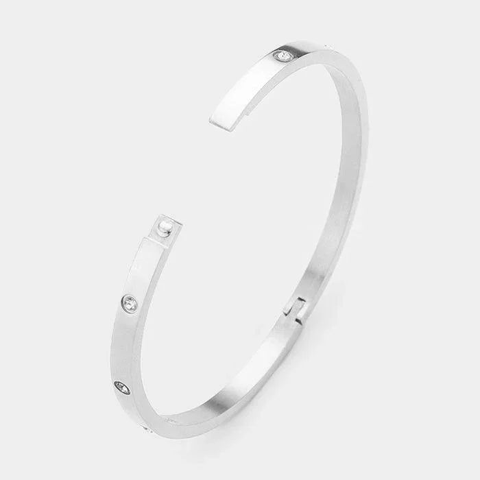 Silver Crystal Embellished Stainless Steel Bangle Evening Bracelet - Jewelry Store by Erik Rayo