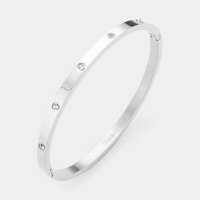Silver Crystal Embellished Stainless Steel Bangle Evening Bracelet - Jewelry Store by Erik Rayo