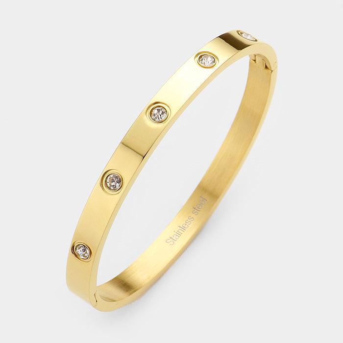 Gold Crystal Embellished Stainless Steel Bangle Evening Bracelet - Jewelry Store by Erik Rayo