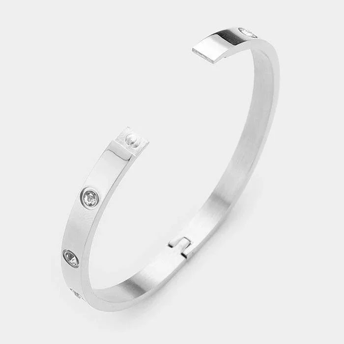 Silver Crystal Embellished Stainless Steel Bangle Evening Bracelet - Jewelry Store by Erik Rayo
