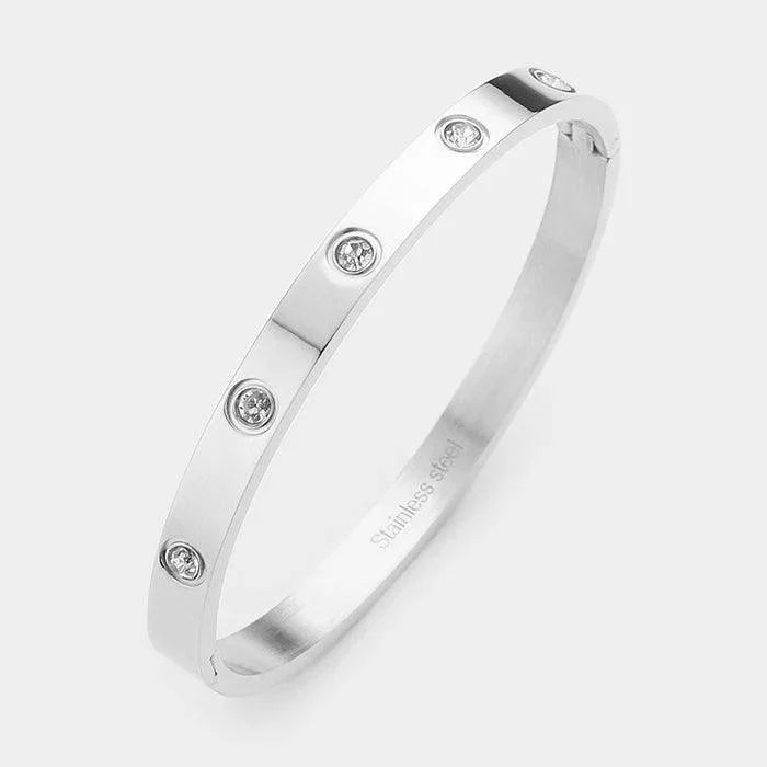 Silver Crystal Embellished Stainless Steel Bangle Evening Bracelet - Jewelry Store by Erik Rayo