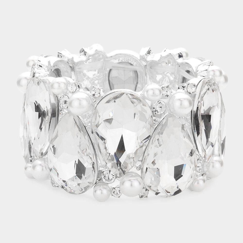 White Pearl Teardrop Stone Stretch Evening Bracelet - Jewelry Store by Erik Rayo
