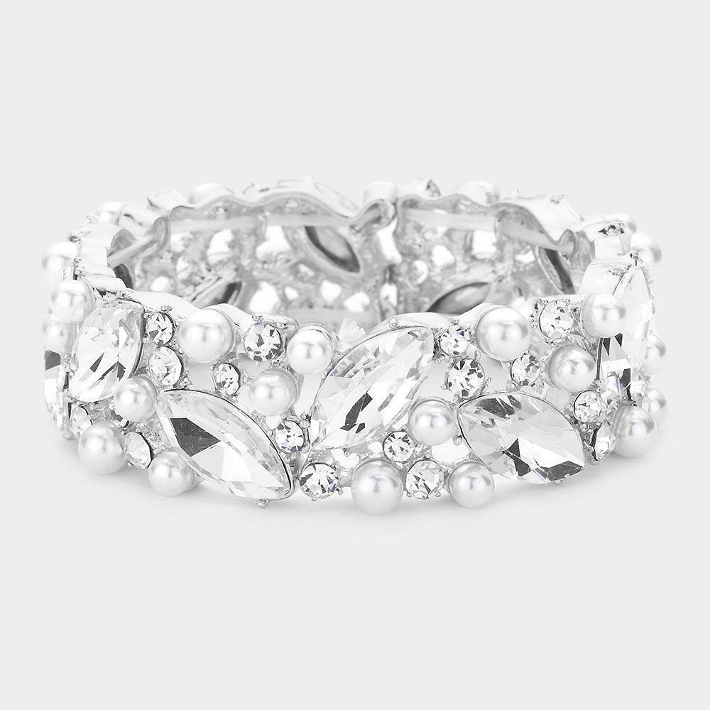 White Pearl Marquise Stone Stretch Evening Bracelet - Jewelry Store by Erik Rayo