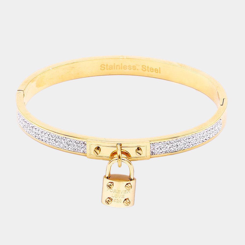 Gold FOREVER LOVE Metal Lock Charm Stainless Steel Evening Bracelet - Jewelry Store by Erik Rayo