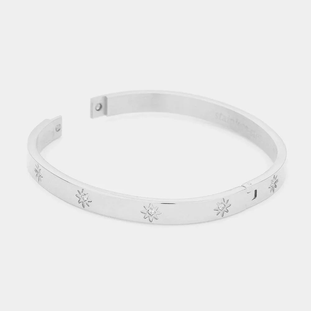 Silver CZ Embellished Stainless Steel Bangle Evening Bracelet - Jewelry Store by Erik Rayo