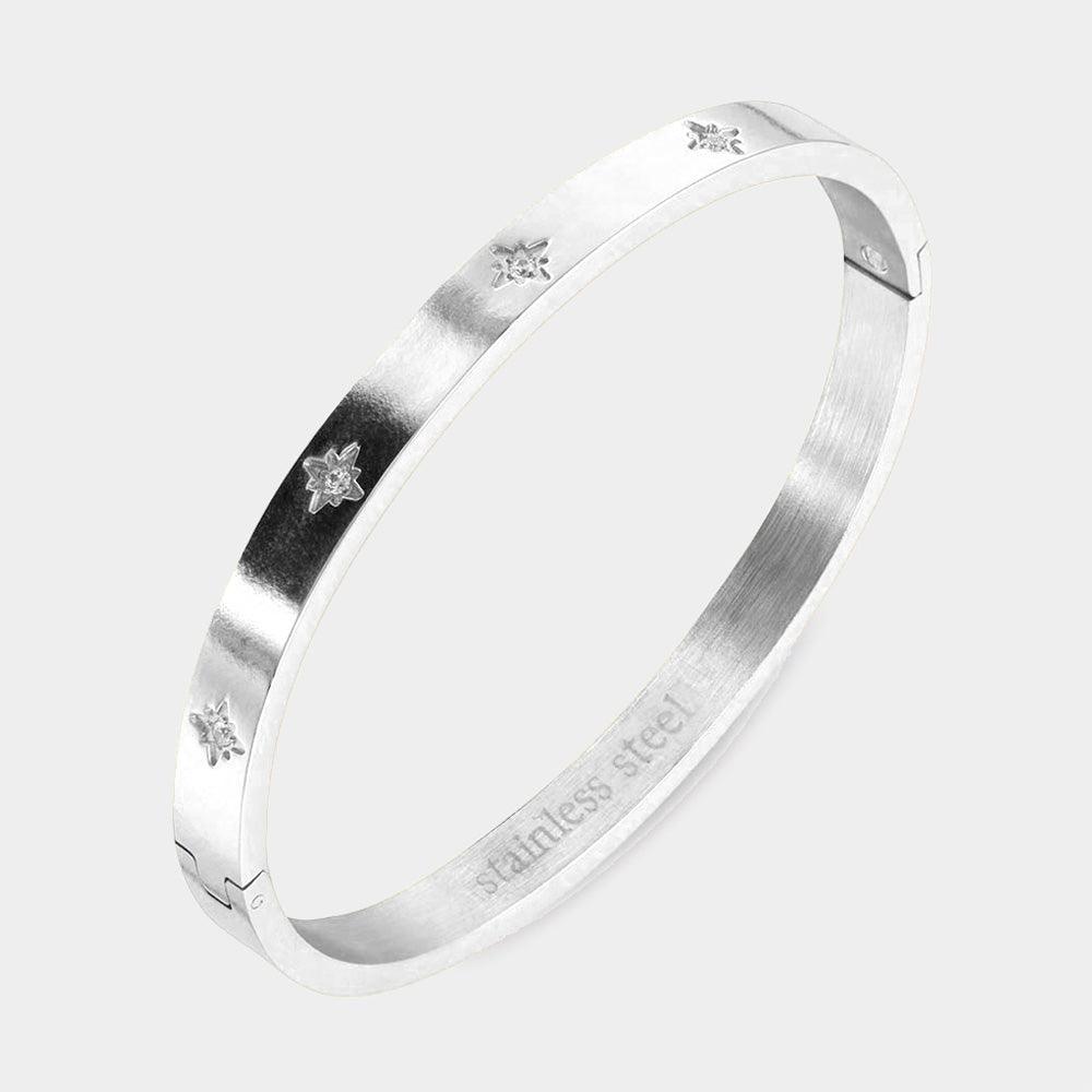 Silver CZ Embellished Stainless Steel Bangle Evening Bracelet