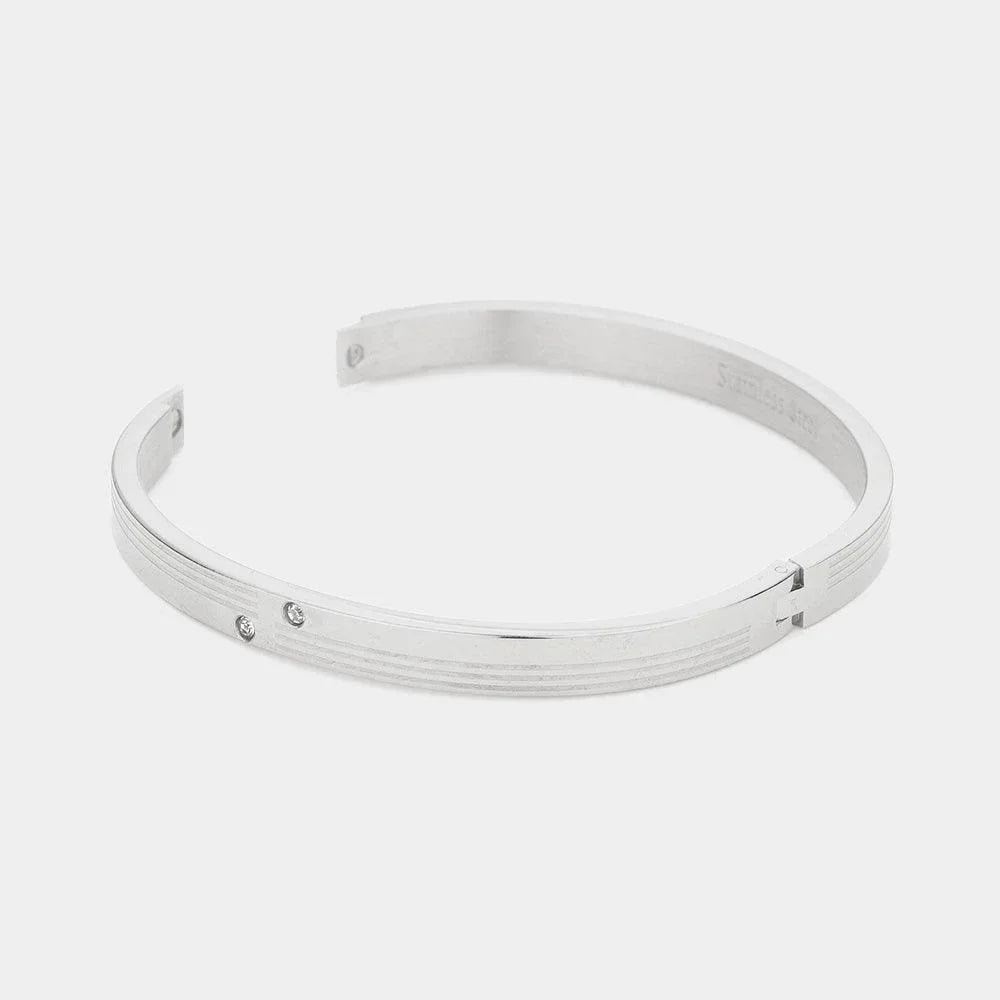 Silver CZ Embellished Stainless Steel Bangle Evening Bracelet - Jewelry Store by Erik Rayo