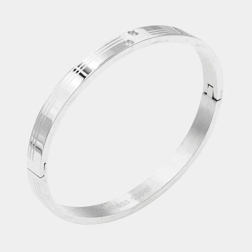 Silver CZ Embellished Stainless Steel Bangle Evening Bracelet - Jewelry Store by Erik Rayo