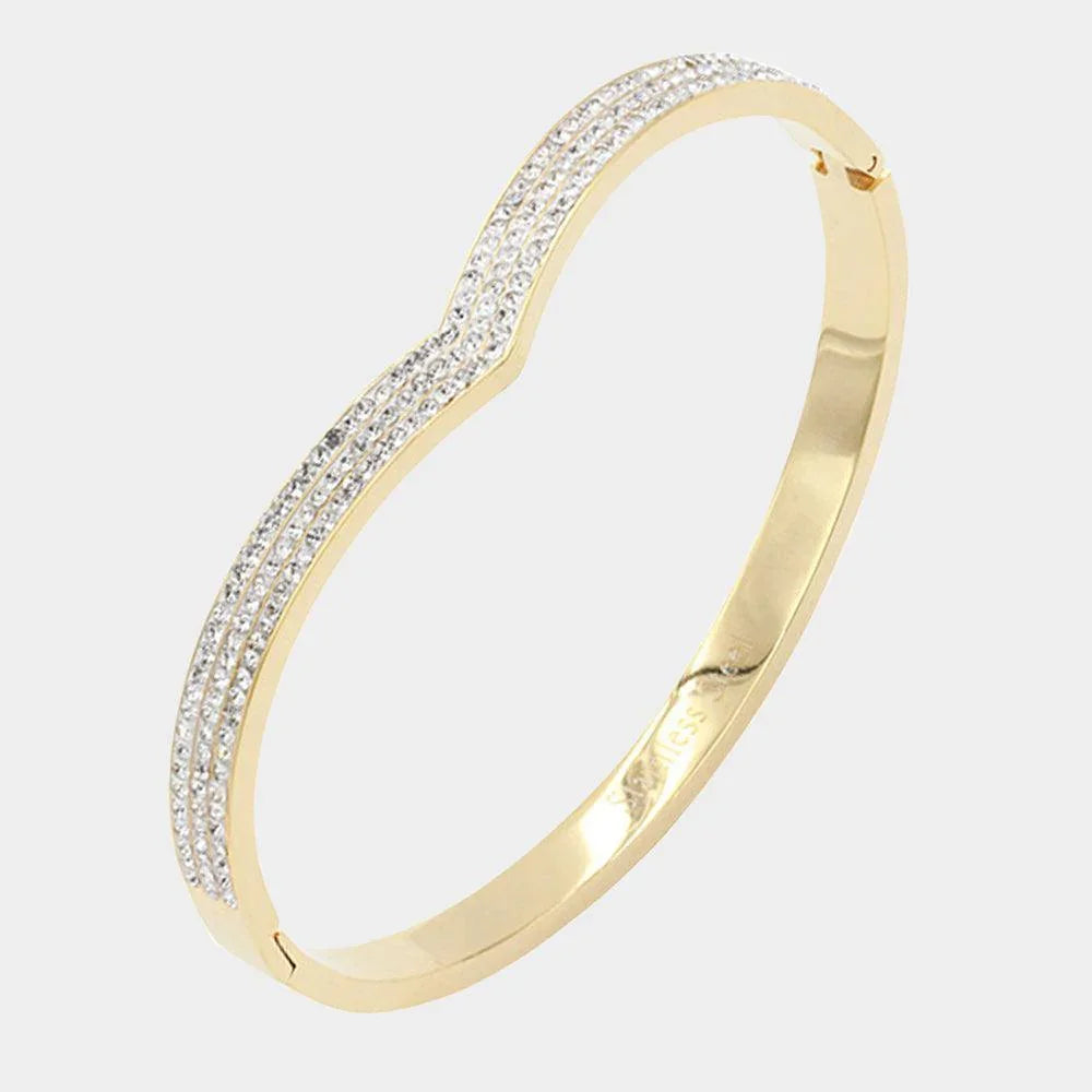 Gold Rhinestone Embellished Chevron Stainless Steel Bangle Evening Bracelet - Jewelry Store by Erik Rayo