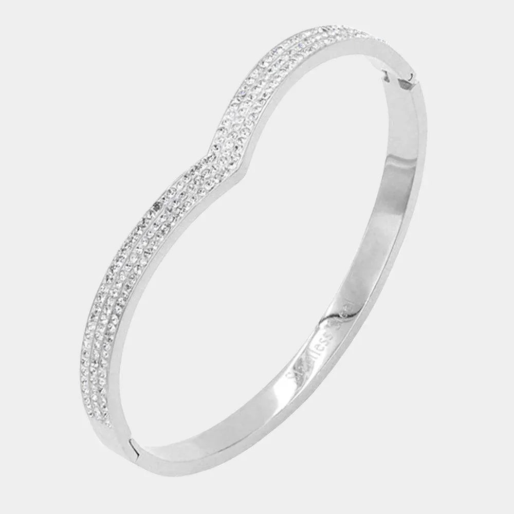 Silver Rhinestone Embellished Chevron Stainless Steel Bangle Evening Bracelet - Jewelry Store by Erik Rayo