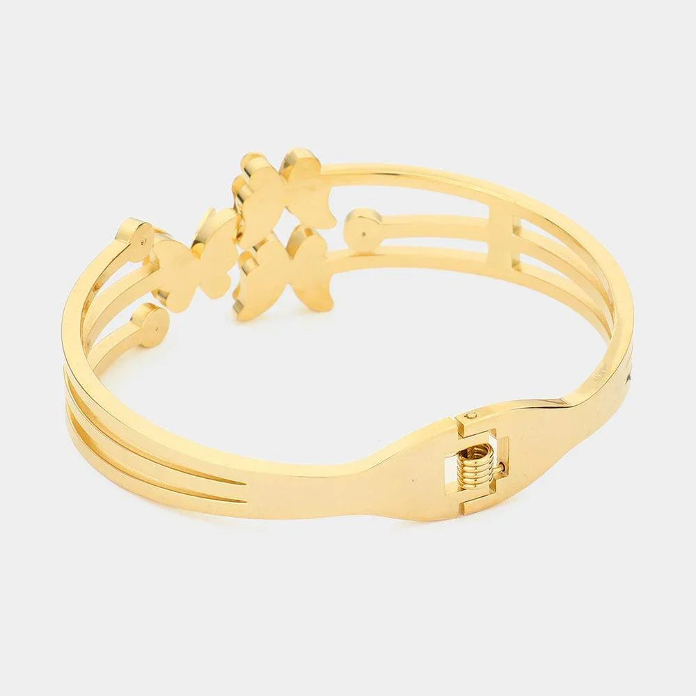 Gold Triple Butterfly CZ Embellished Stainless Steel Hinged Evening Bracelet - Jewelry Store by Erik Rayo