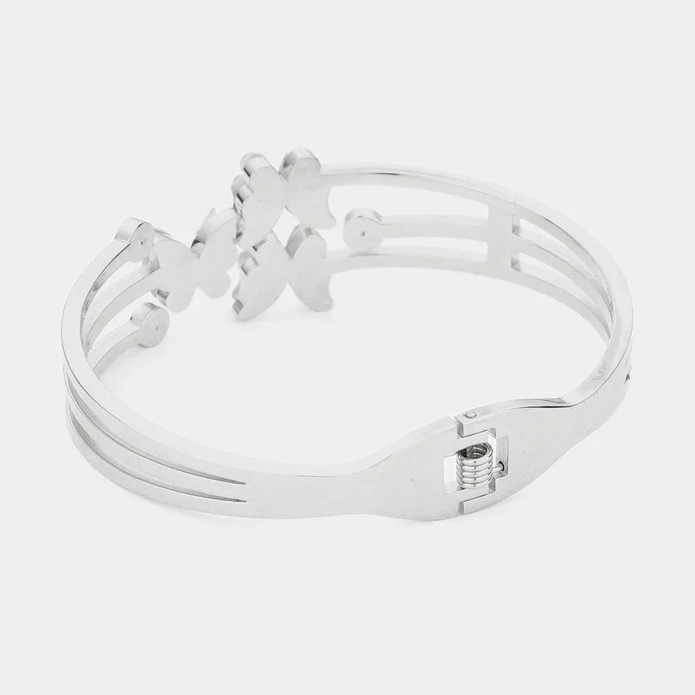 Silver Triple Butterfly CZ Embellished Stainless Steel Hinged Evening Bracelet - Jewelry Store by Erik Rayo