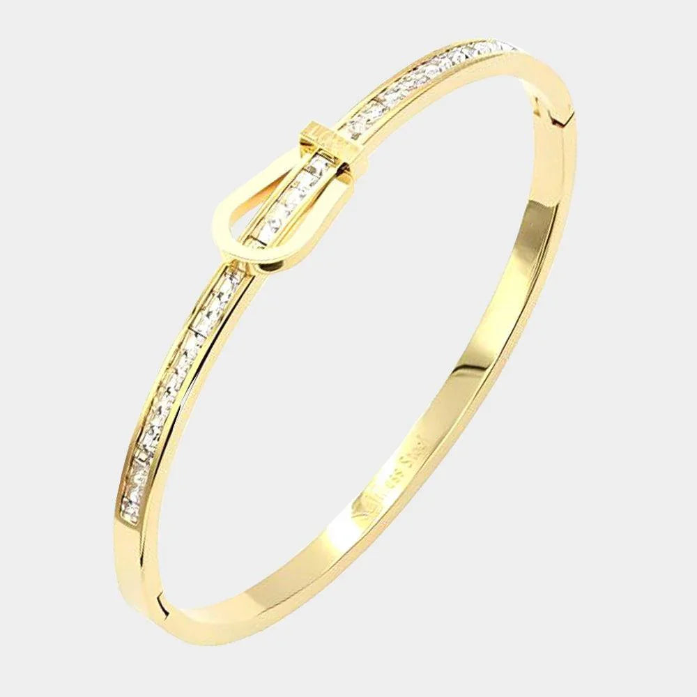 Gold Rhinestone Embellished Belt Buckle Stainless Steel Bangle Evening Bracelet - Jewelry Store by Erik Rayo